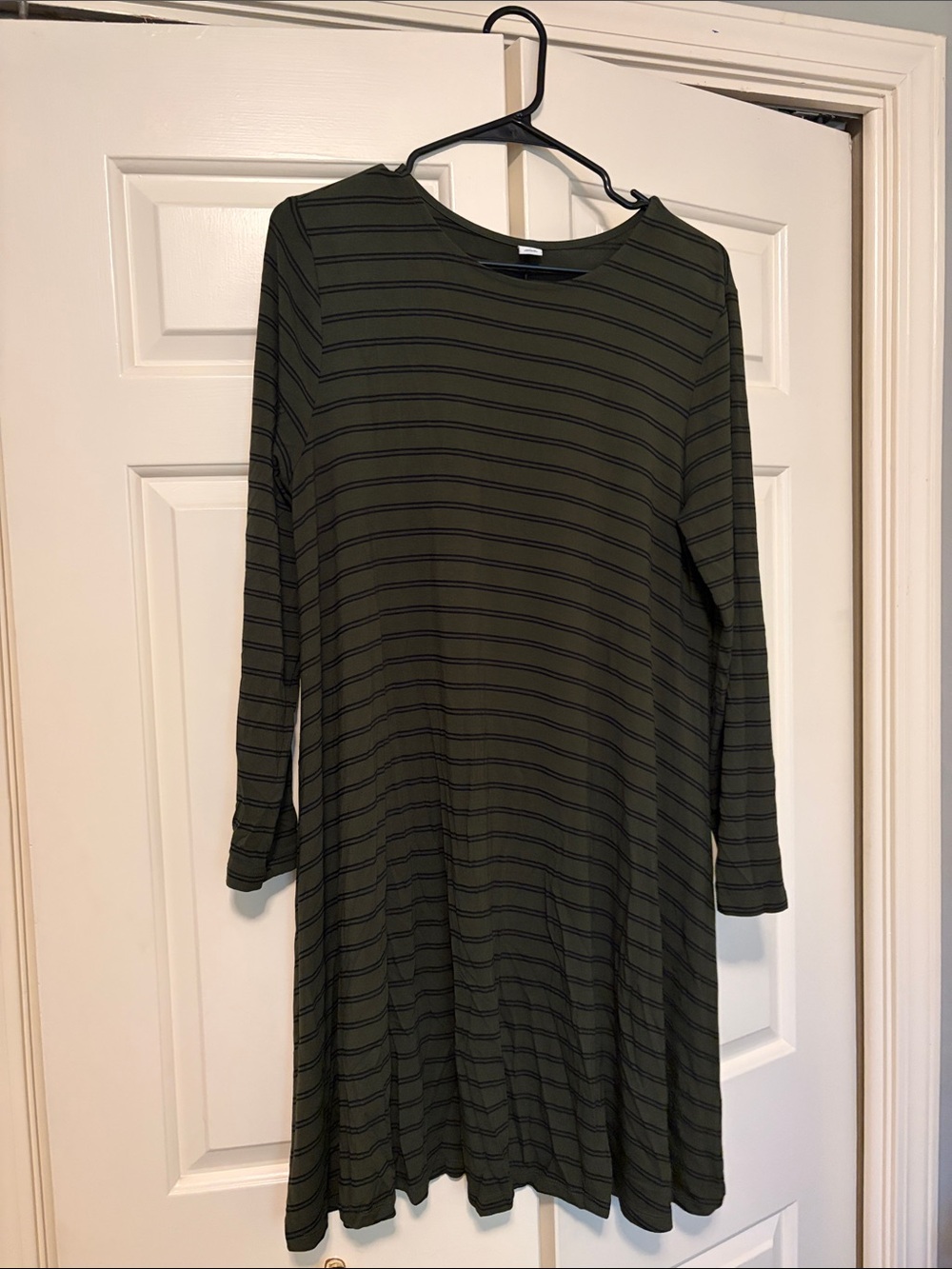 Old Navy Olive Green & Black Striped Long Sleeve A-Line Dress